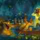 A new concept art illustration from Disney Parks features Tiana exploring while standing in a rowboat in Princess and the Frog Disneyland Ride while Naveen and Louis the alligator look on.